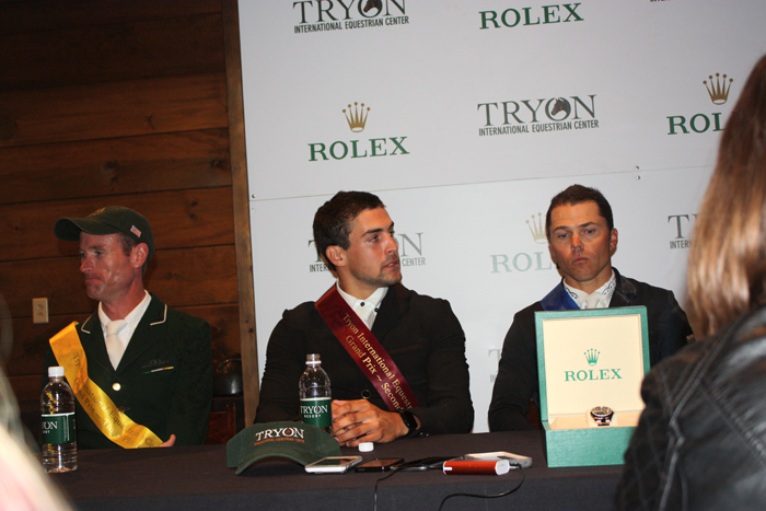 Give that man another watch: Kent Farrington won the feature $380,000 Rolex Grand Prix during Saturday Night Lights on Oct. 21st. Mexico's Eugenio Garza (centre) was second and Richie Maloney of Ireland was third. Regular TIEC sponsor Rolex has graciously agreed to step back for a couple of weeks during WEG while Longines takes over.