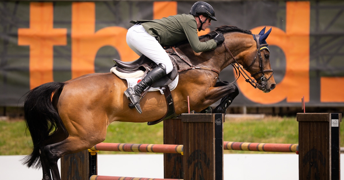 A man jumping a bay horse over a fence at tbird.