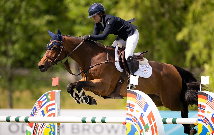 A woman riding a bay horse over a fence at tbird.