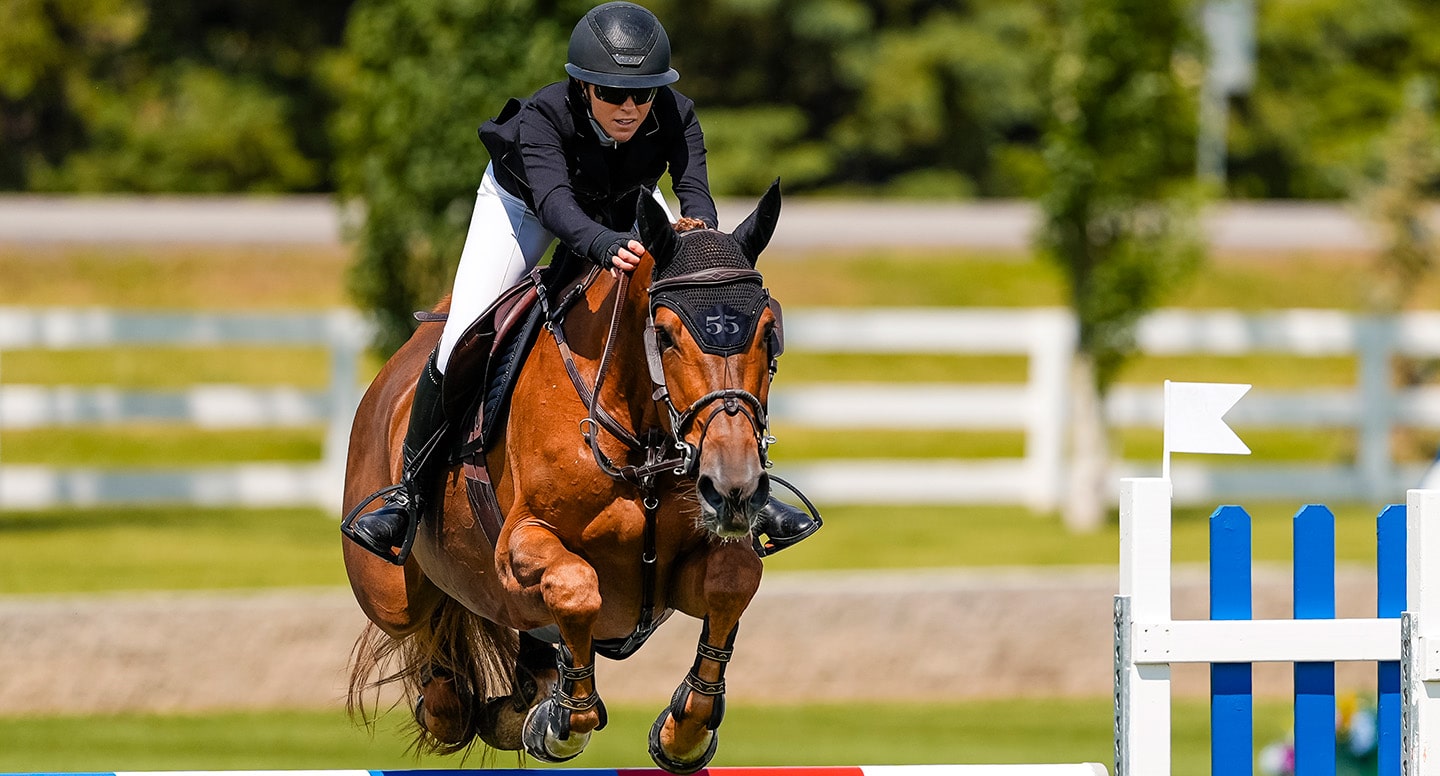 A woman jumping a bay horse over a fence at Spruce Meadows.