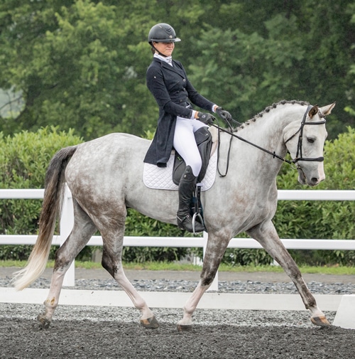 A teenage girl riding a grey horse.