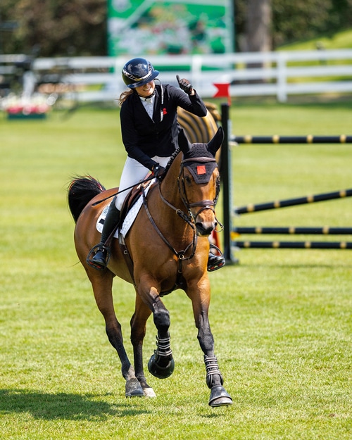 A woman on a bay horse giving the thumbs-up.