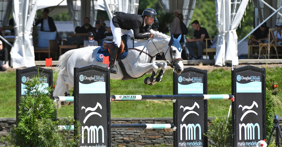A man jumping a grey horse over a fence in New York.
