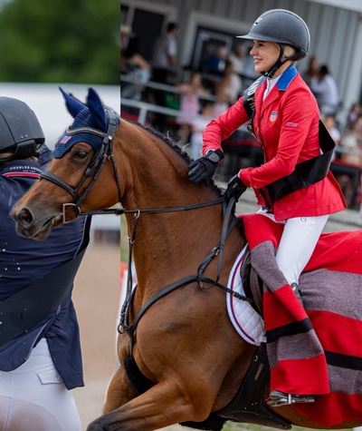 A woman patting a bay horse.