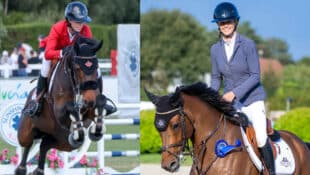 Two images of a woman on a bay horse.