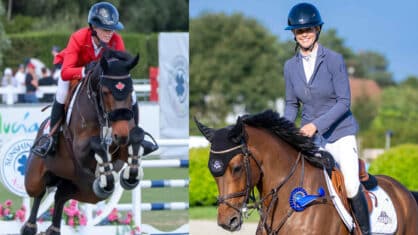 Two images of a woman on a bay horse.