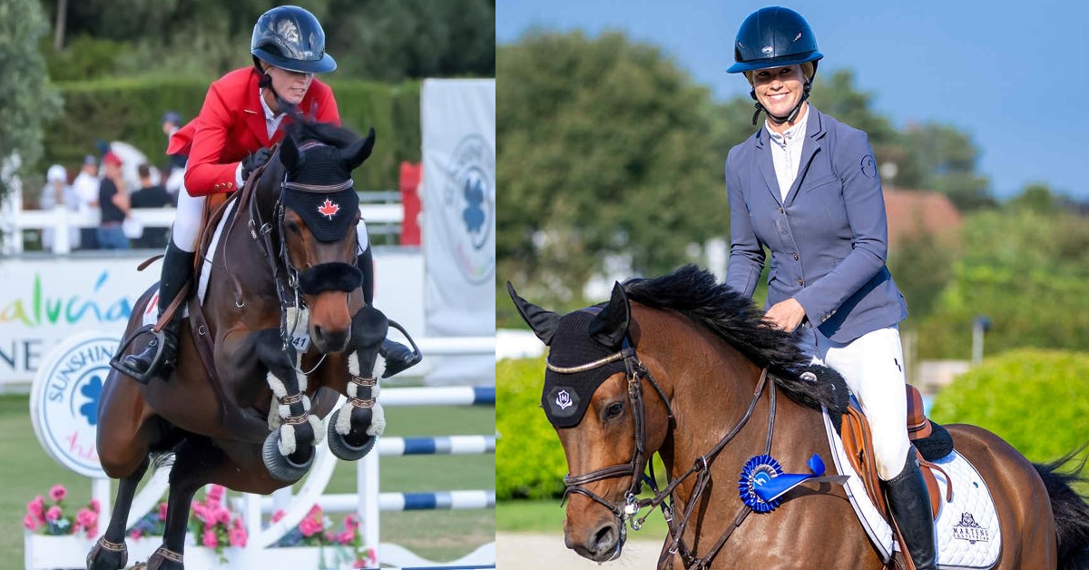 Two images of a woman on a bay horse.
