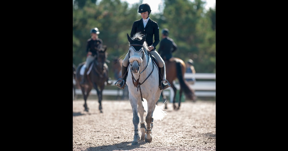 Horses and riders in a warm-up ring.