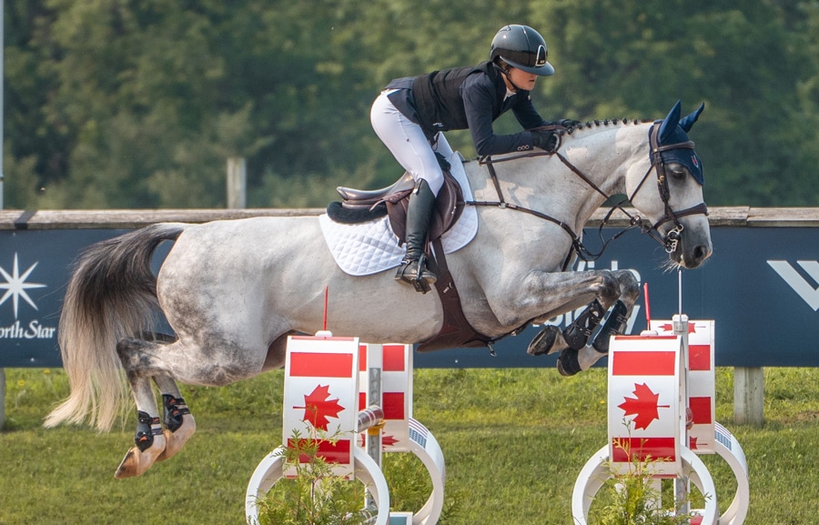 A woman jumping a grey horse over a Canada fence.