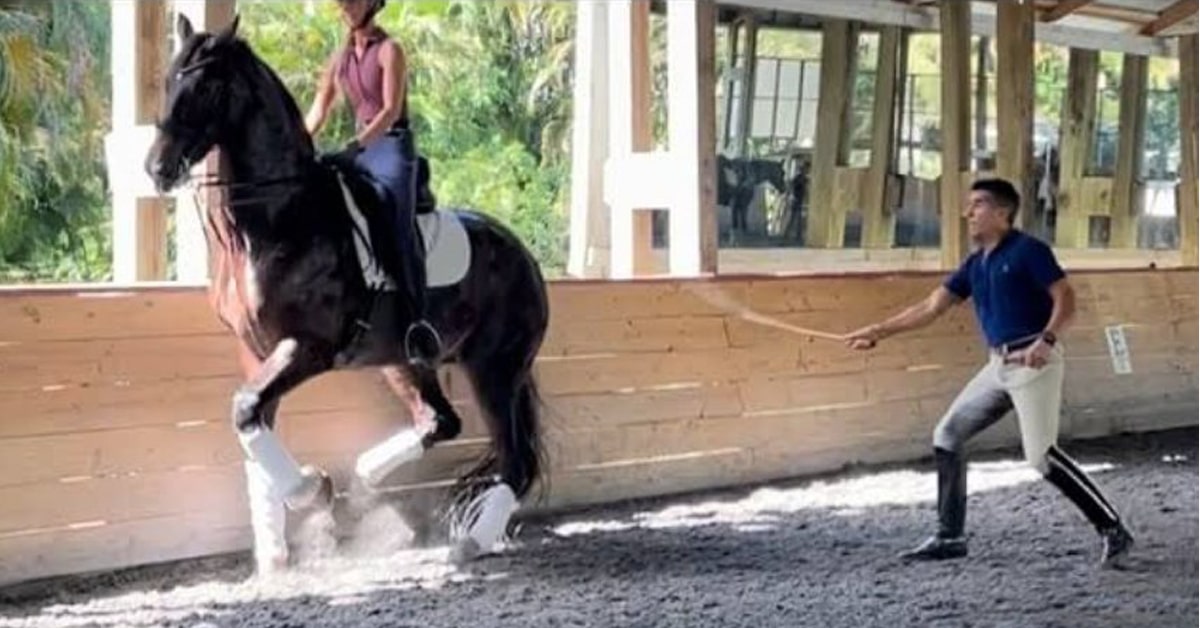 A man whipping a horse being ridden in an arena.