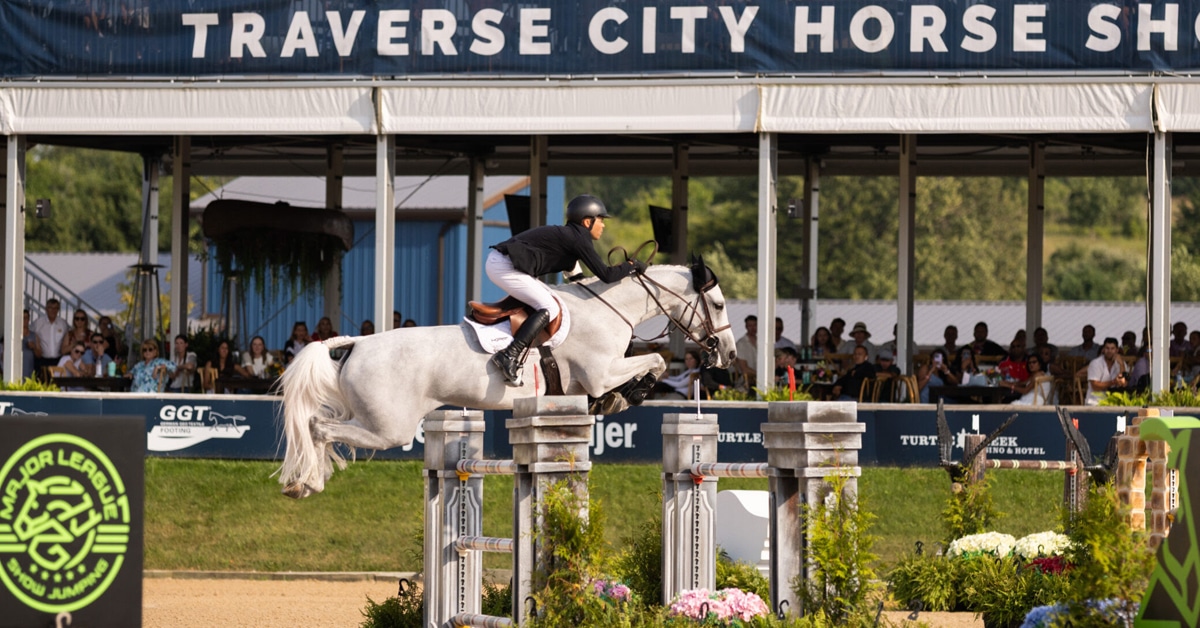 A man jumping a grey horse over a fence at GLEF.