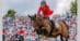 A woman wearing a red jacket riding a bay horse over a fence in Dublin.