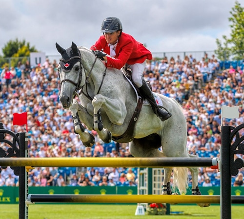 A man in a red jacket riding a grey horse over a fence in Dublin.