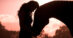 A silhouette of a woman and a horse.