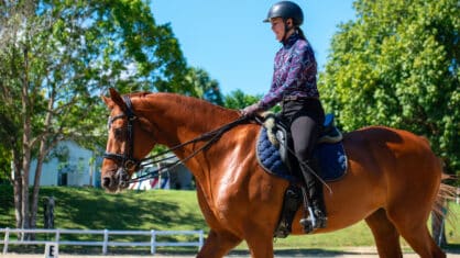 A woman on a chestnut dressage horse that is walking in an arena.