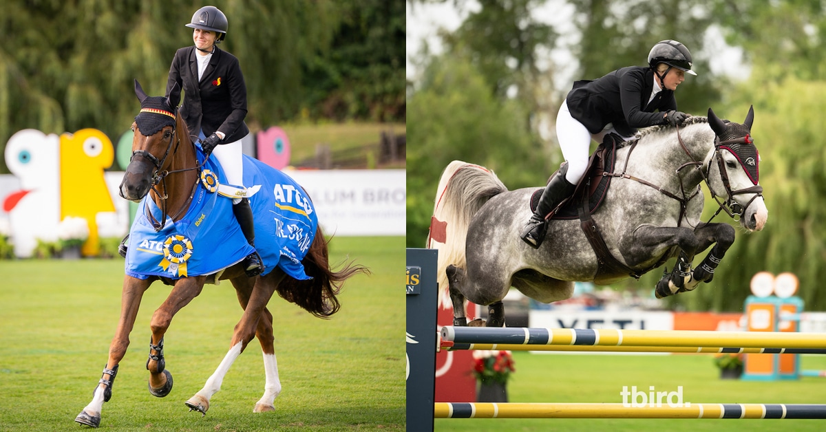 A smiling woman riding a bay horse wearing a blue winner's cooler; a woman riding a grey horse over a fence.