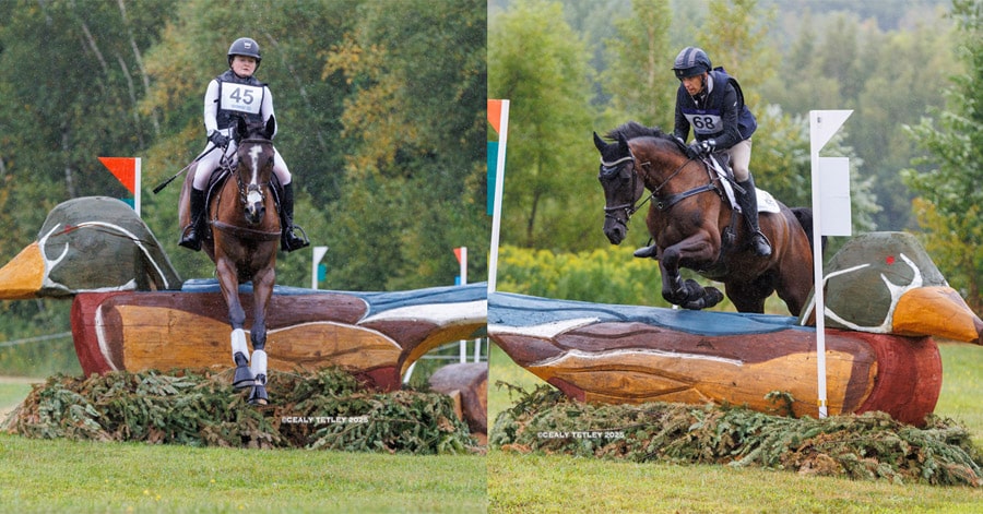 Two photos of eventers jumping cross-country fences.
