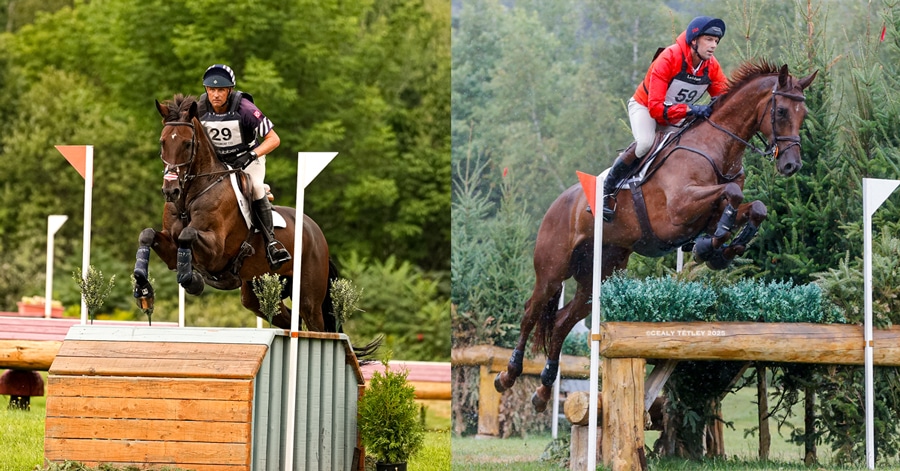 Two photos of eventers jumping cross-country fences.