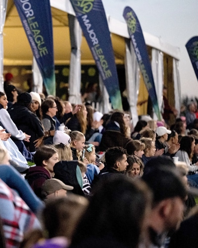 A crowd watching show jumping.