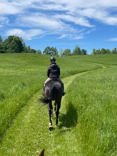 A woman riding a horse in a field.