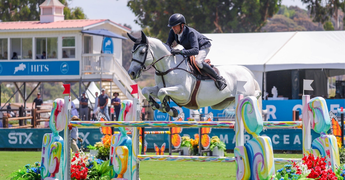 A man jumping a grey horse over a fence in California.