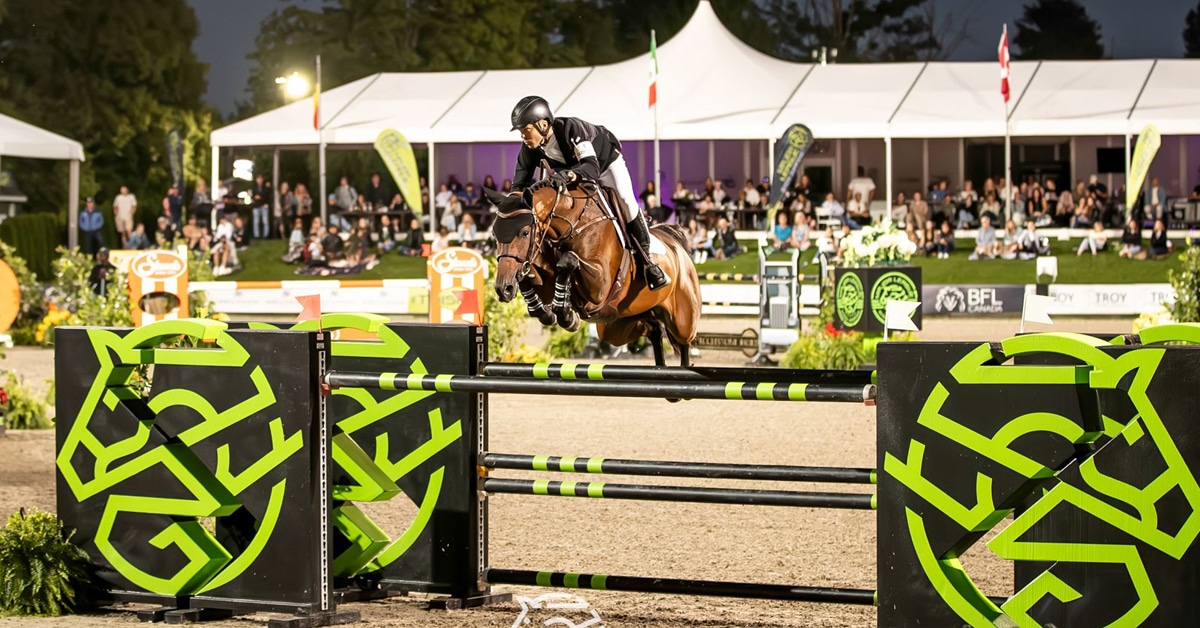 A man jumping s by horse over a fence during an evening class.