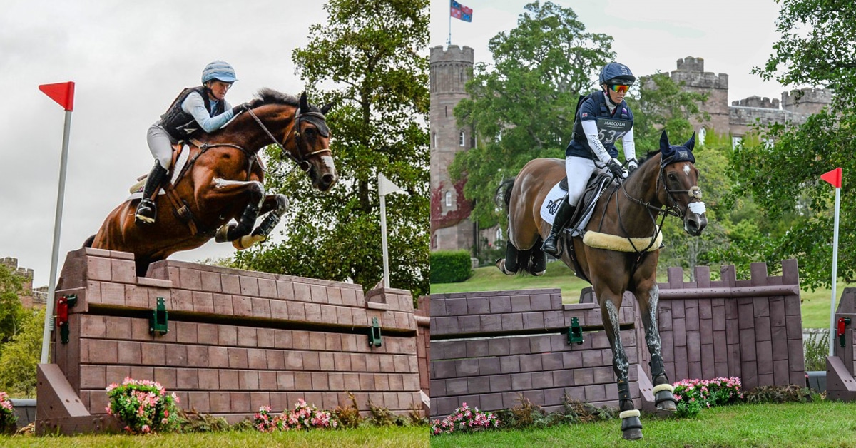 Two women on bay horses jumping cross-country fences in Scotland.