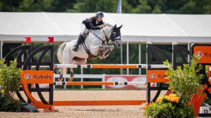 A woman jumping a grey mare over a fence.