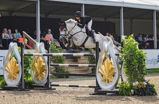 A woman jumping a grey mare over a fence.