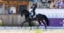 A man trotting a black stallion in a dressage arena in France.
