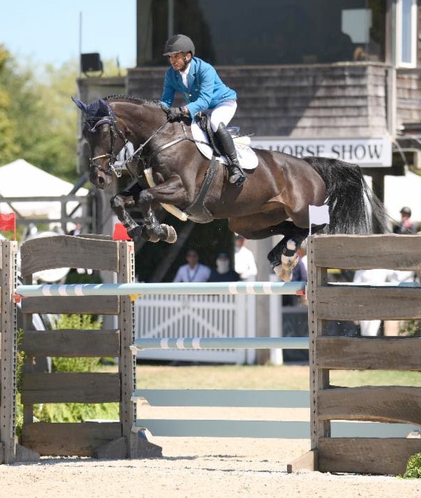 A man jumping a dark by horse over a fence in the Hamptons.