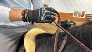 A closeup of a man's hands demonstrating an indirect rein.