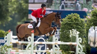 A woman in a red coat jumping a chestnut horse over a fence.