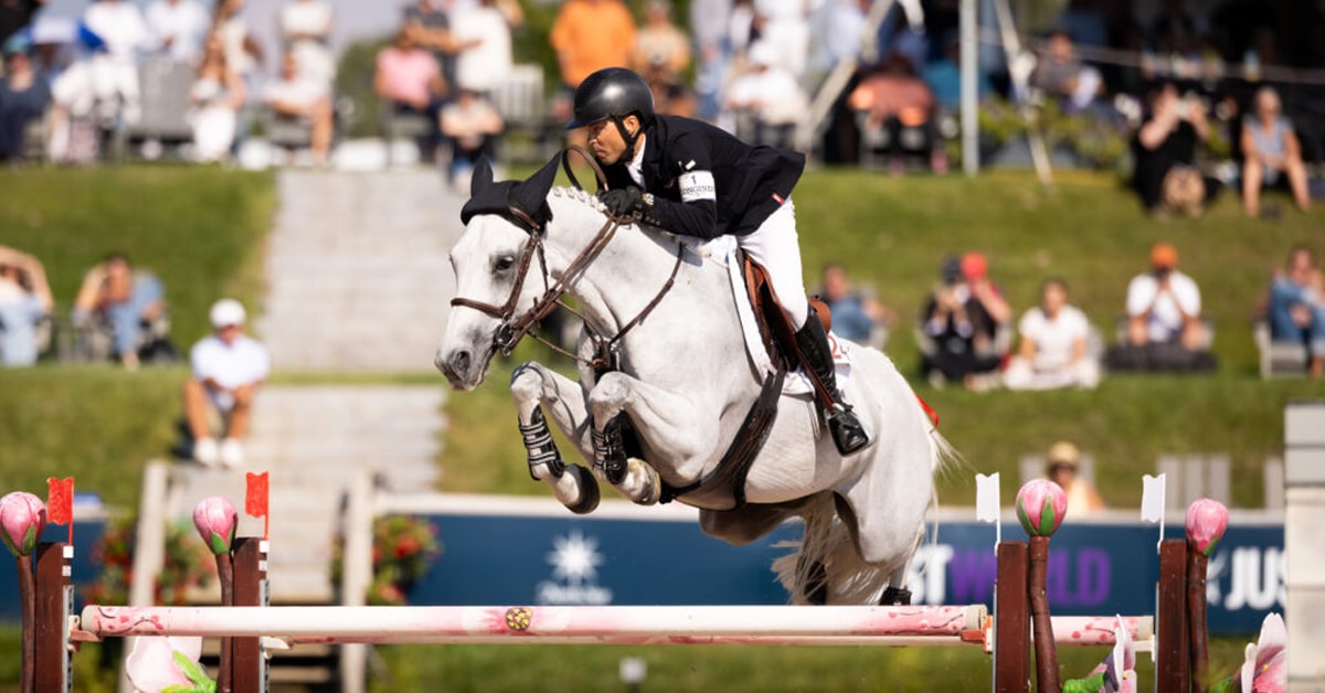A man jumping a grey horse over a fence at Traverse City.