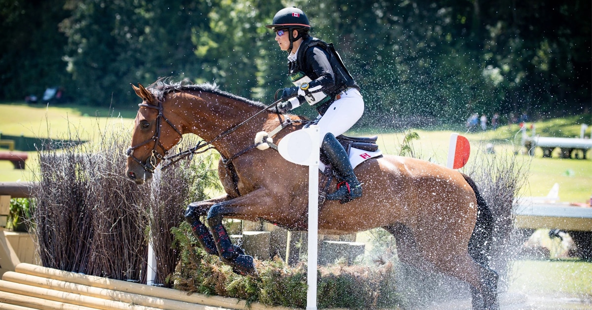 A woman riding a bay horse trhough a water jump at The Fork.