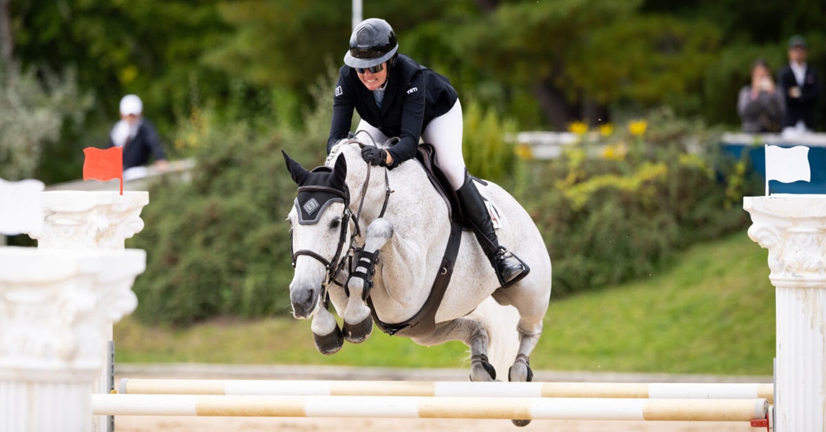 A woman jumping a grey horse over a fence at Traverse City.
