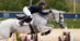 A man jumping a grey horse over a fence at Traverse City.