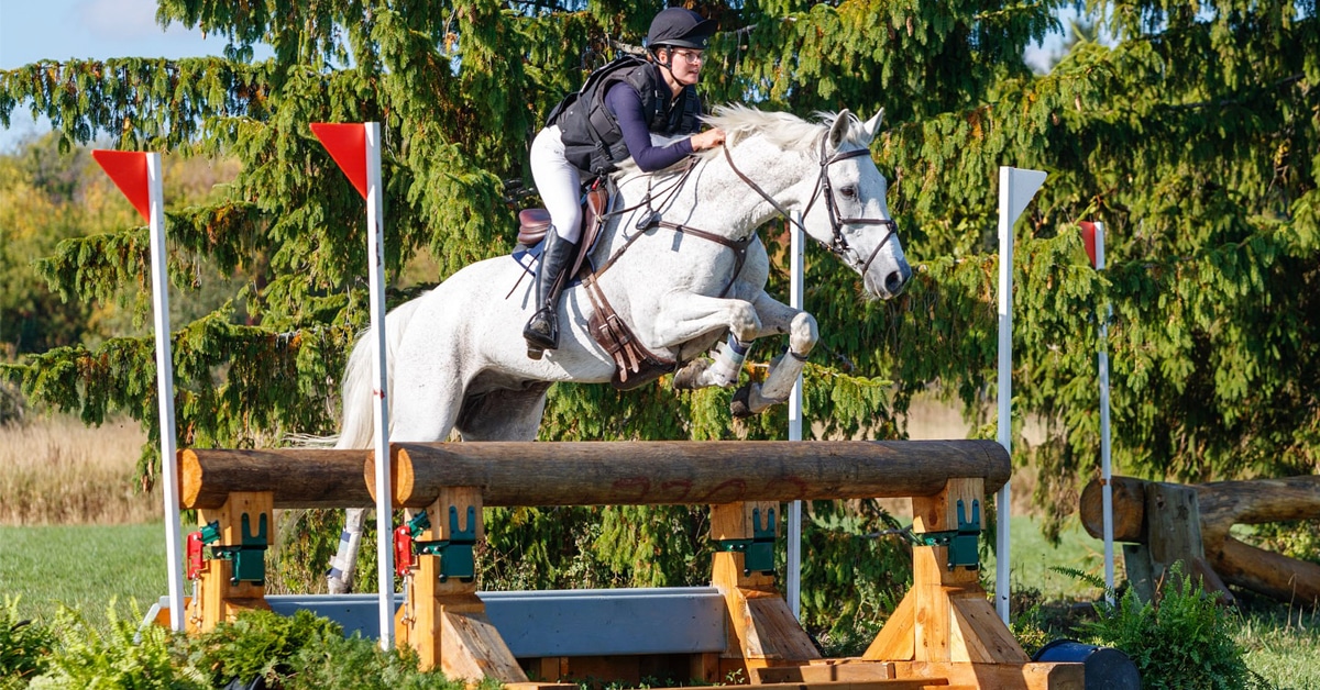 A woman jumping a grey horse over a cross-country fence in Ottawa.