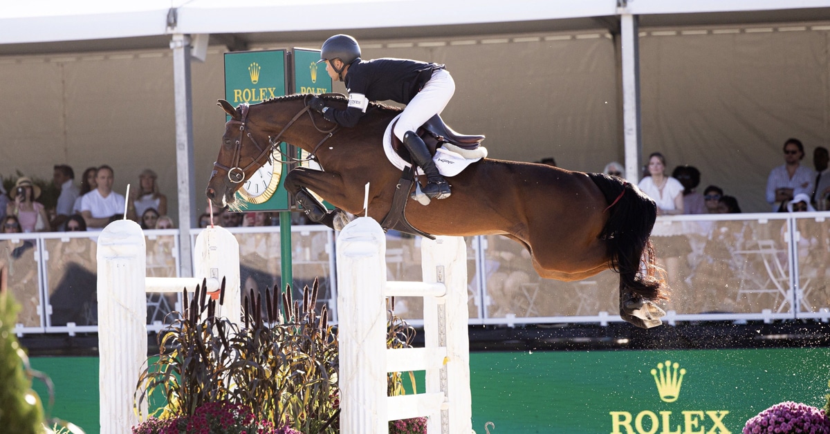A man jumping a bay mare over a fence in CT.