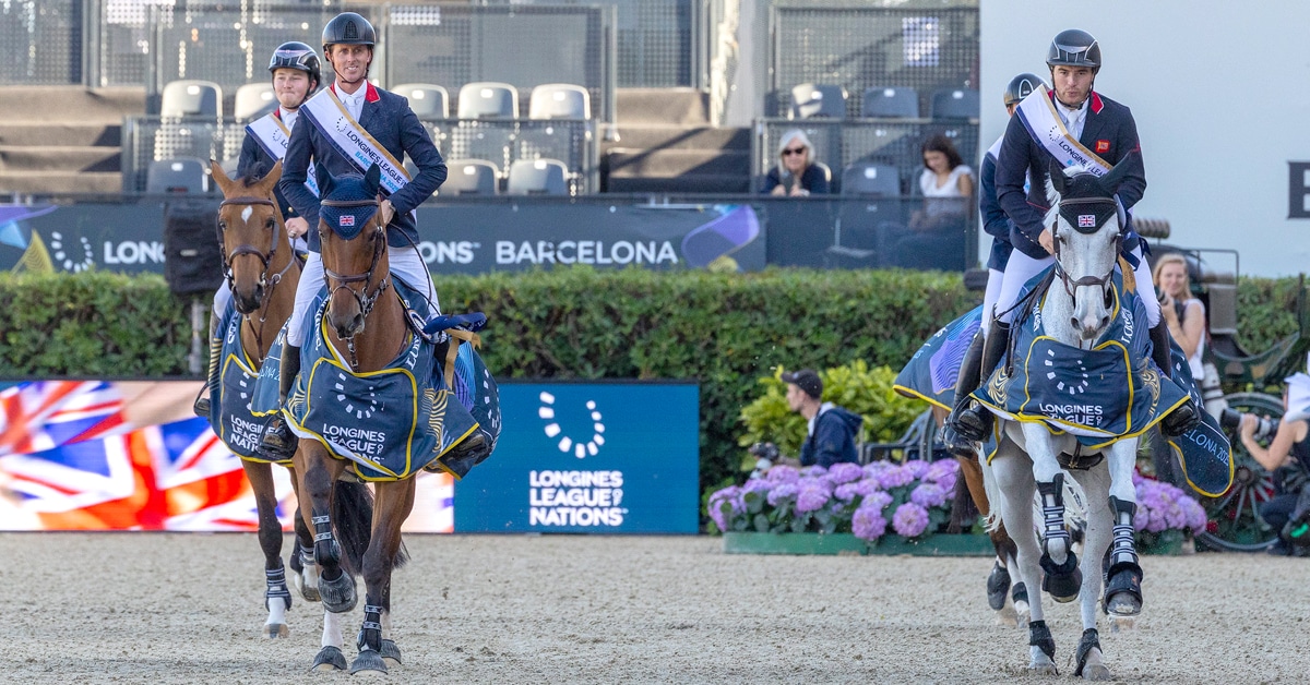 A team riding into the arena in Barcelona.
