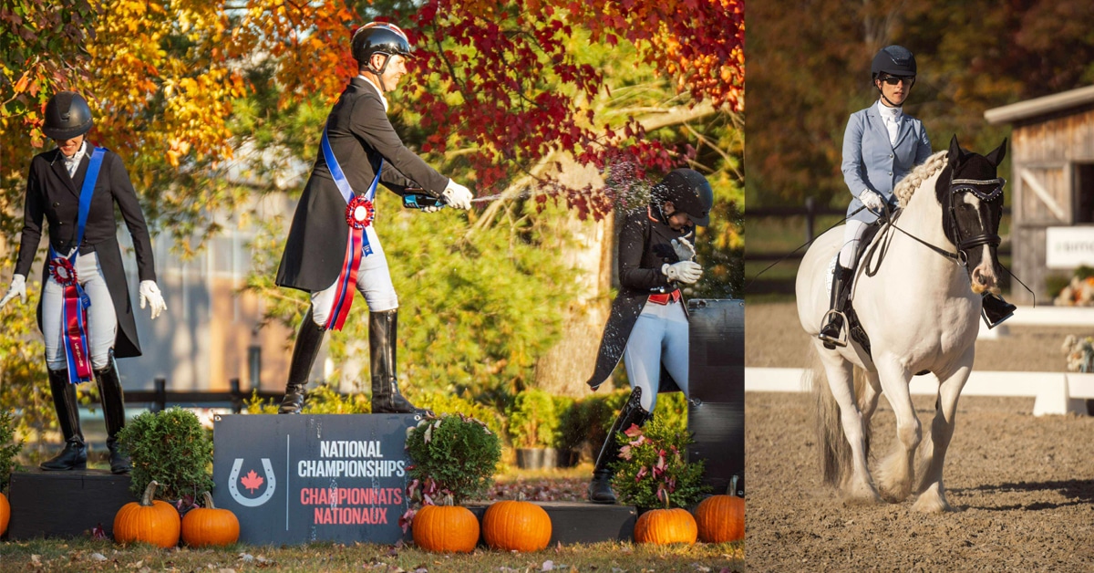 Three people on a podium with spraying champagne; a para rider on a paint Fjord horse.