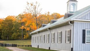 A white horse barn with an autumn background.
