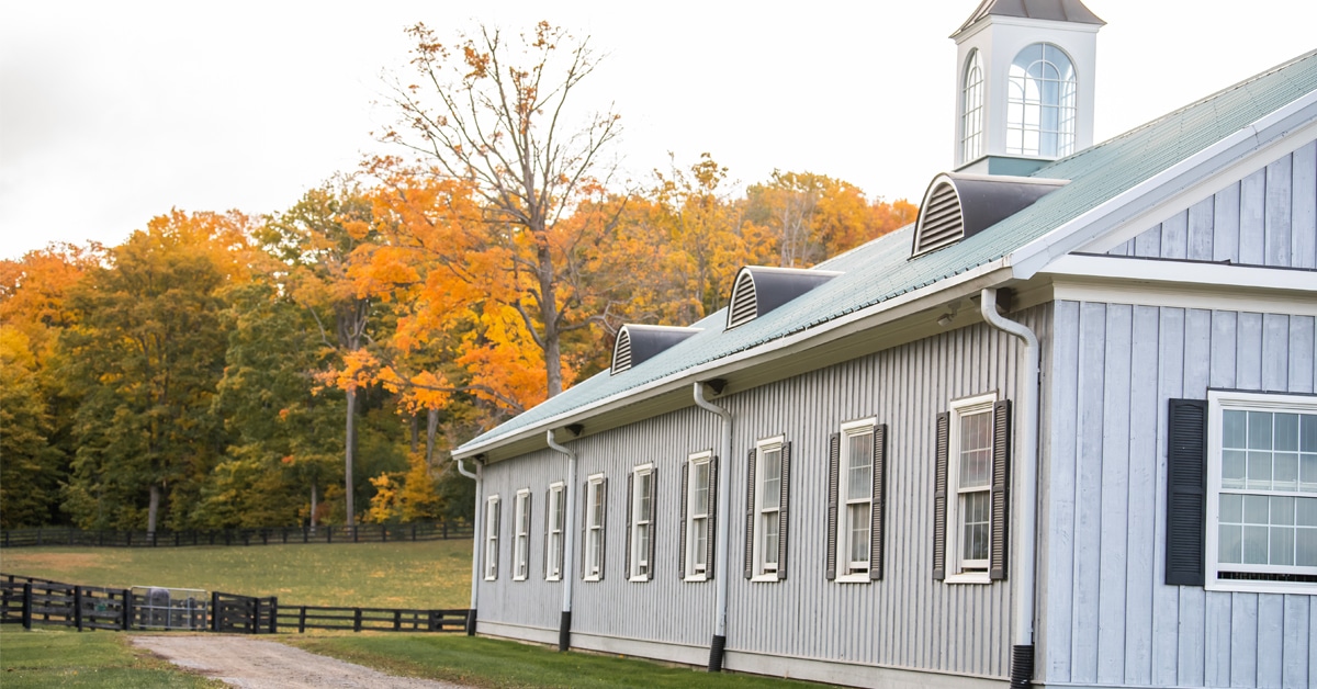 A white horse barn with an autumn background.