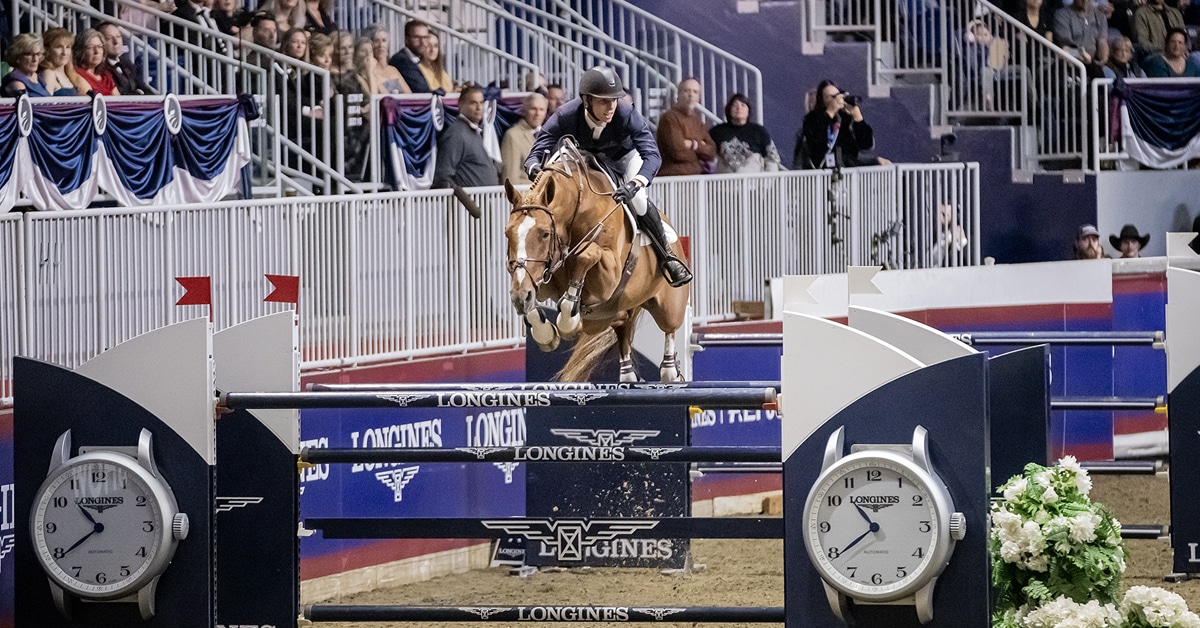 A man jumping a chestnut horse over a fence at the Royal.