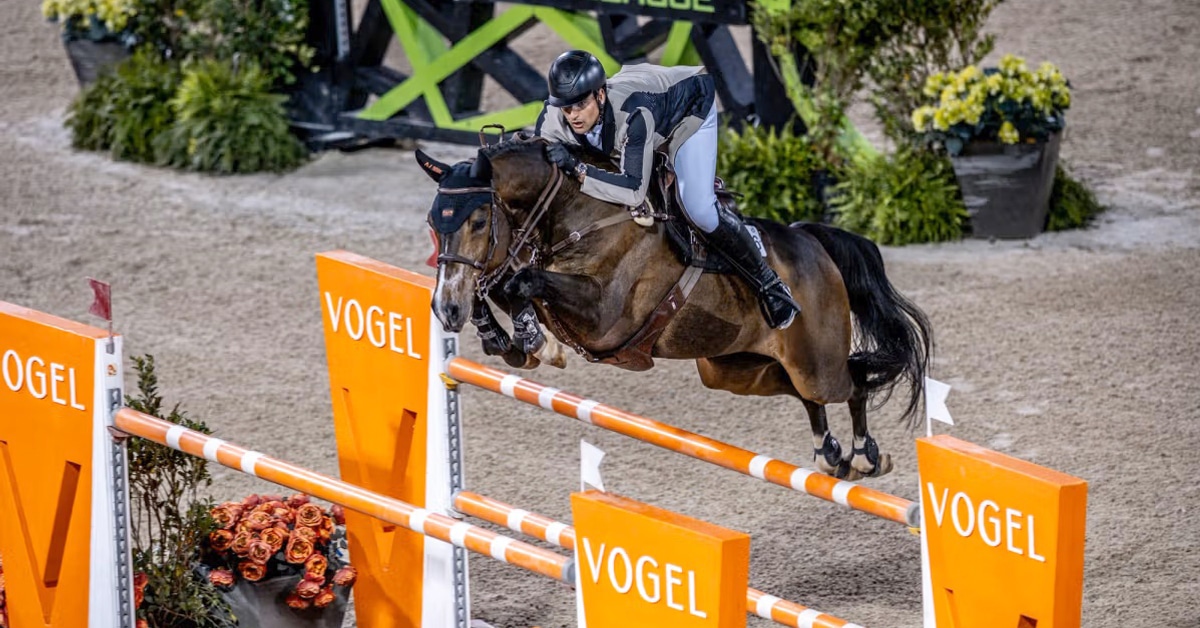 A man jumping a bay horse over a fence at Tryon.