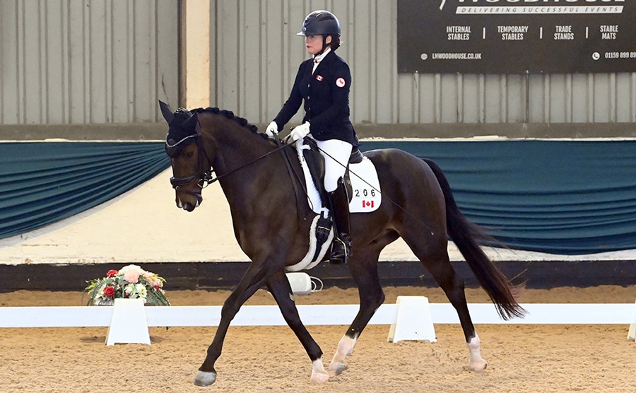 A woman riding a dark bay dressage horse.
