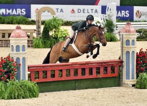 A young girl riding a bay pony over a hunter fence.