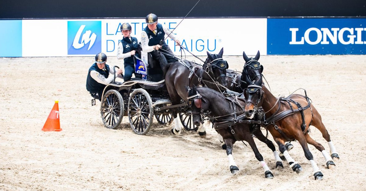 A man driving a team of four horses around an obstacle in an arena.