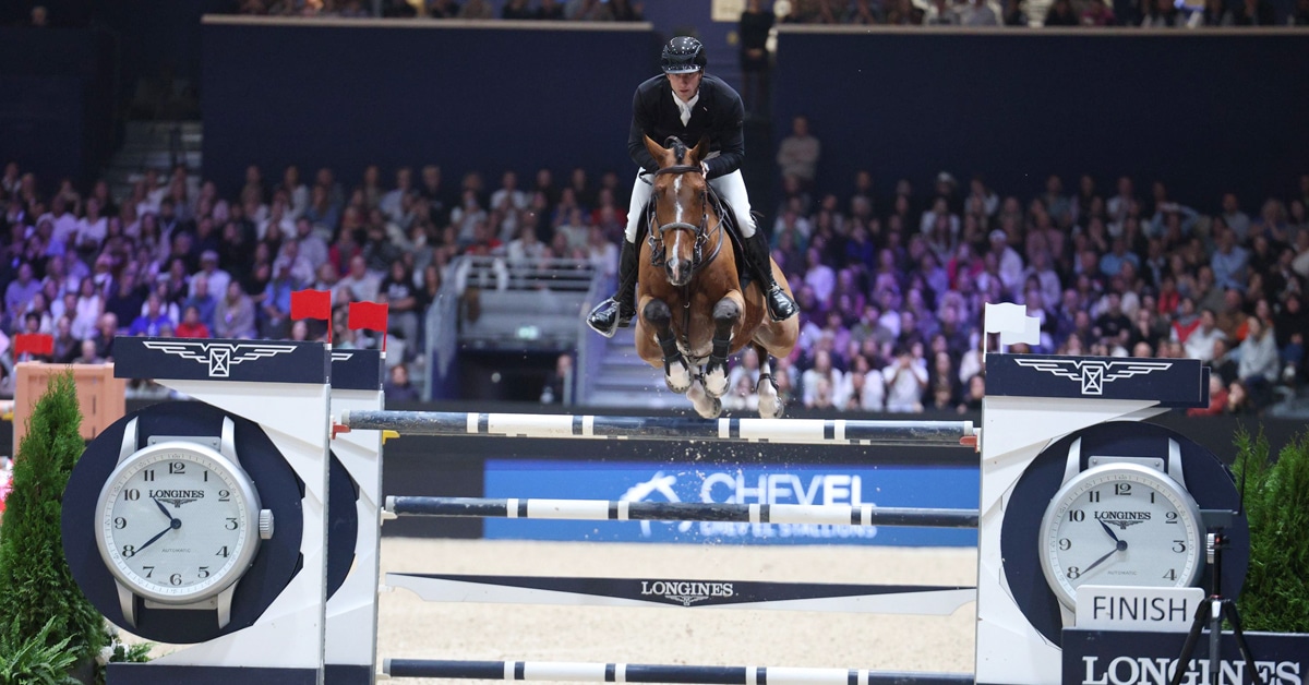 A man jumping a bay horse over a fence in Lyon.
