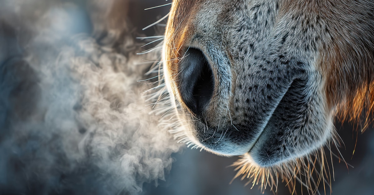 Horse's breath suspended in frosty air.